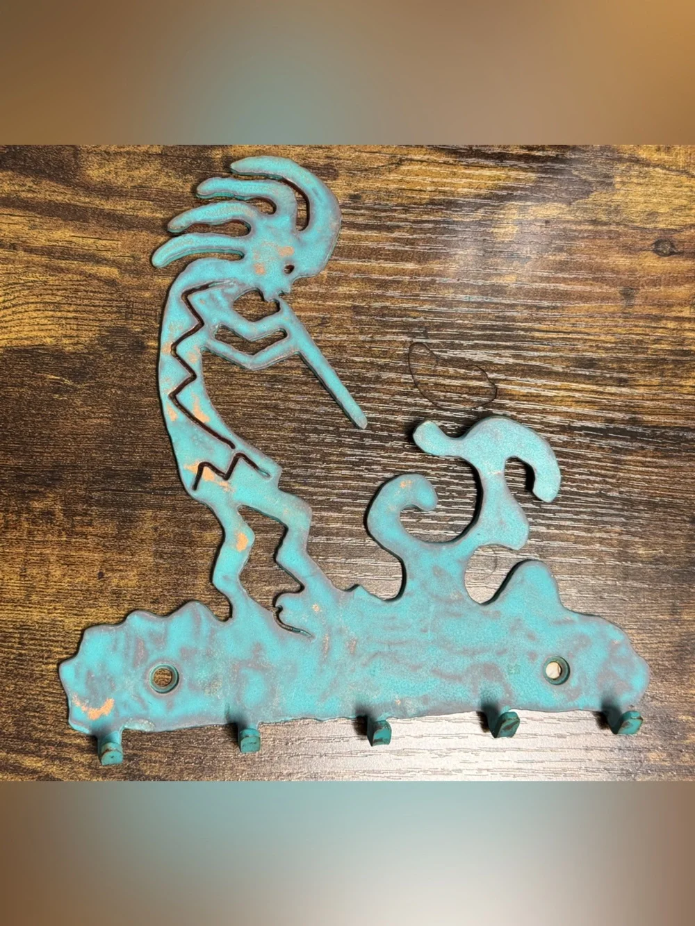 Turquoise Patina Metal Kokopelli Wall Decor key holder 7.5 X 7.5